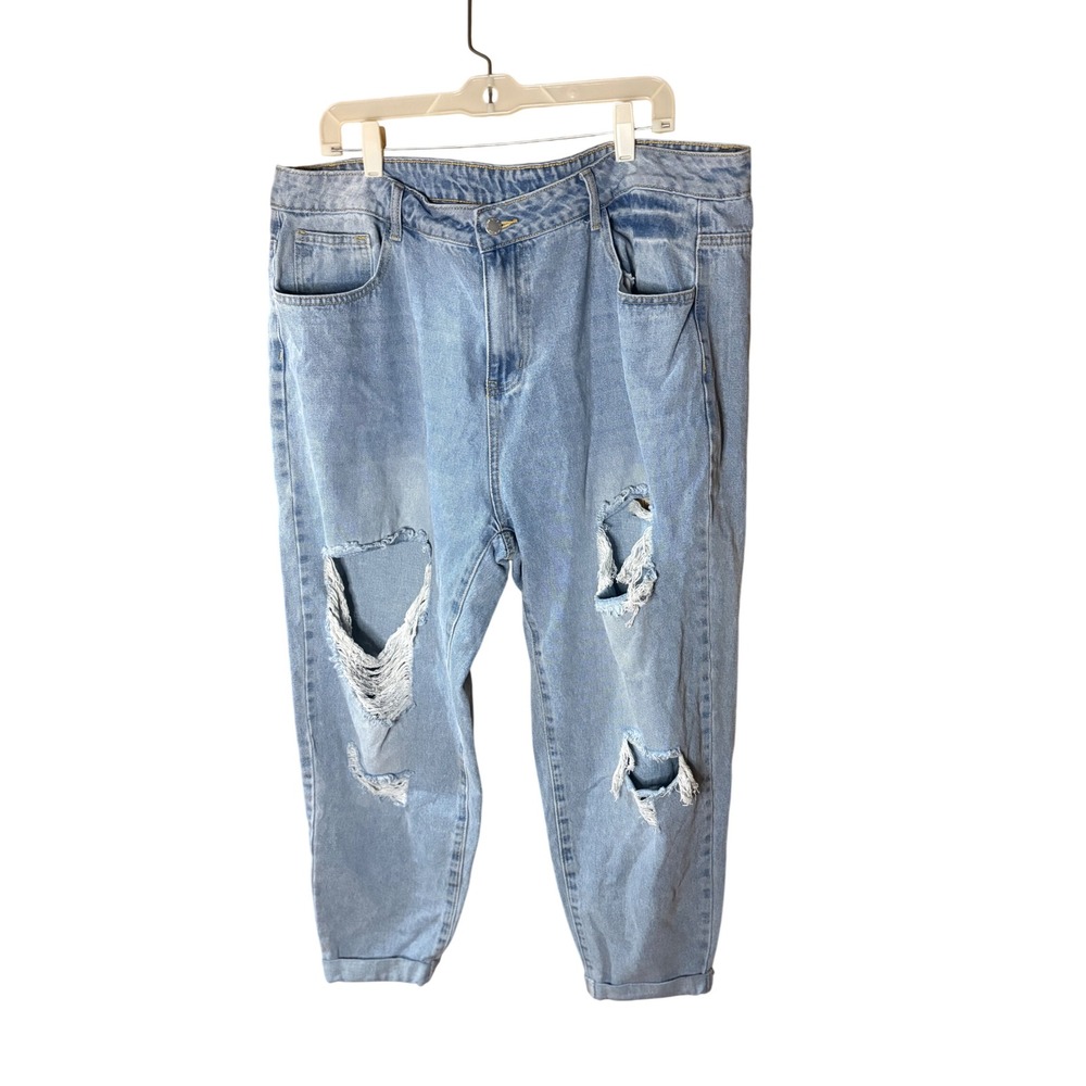 Womens Light Wash Distressed Boyfriend Jeans High Rise Ripped Denim Light Blue